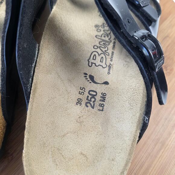 Birki's Sandals Womens Size 8 Black Patent Triple Strap Cork Footbed Shoes - Picture 10 of 13